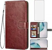 [Asuwish] Compatible with OnePlus 9 OnePlus9 5G Wallet Case Tempered Glass Screen Protector Leather Flip Cover Card Holder Stand Cell Phone Cases for One Plus9 On 1 Plus 1plus One+ 1+ 1+9 Nine Brown