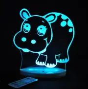 Hippopotamus Personalised Name 3d Led Night Light Colour Changing Kids Room Lamp