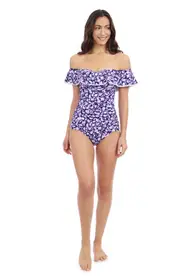 Profile by Gottex Juliette Off-Shoulder Ruffle Tankini in Navy at Nordstrom, Size 16