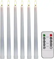 [QIANQIAO] Flameless LED Taper Candles, White Taper Candles Flickering with 10-Key Remote, Battery Operated LED Candlesticks, Warm 3D Wick Light 6 Pieces for Christmas, Home, Wedding Decoration