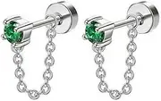 [Niaspi] 20G Emerald CZ Chain Dangle Cartilage Stud Earrings for Women Stainless Steel Conch Helix Tragus Flat Back Earrings Studs Labret Lip Rings Cartilage Piercing Jewelry