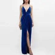 NWT Aidan Mattox Velvet Twist Front High Slit Maxi Gown in Blue Women's Size 8