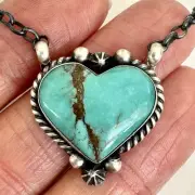 Navajo Turquoise Heart Shape Bar Necklace 16" Sterling Signed Skeets Choker USA