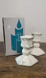 PartyLite 7/8" Terrazzo Pair Green Cream Marble Look Candlestick Holder P0591