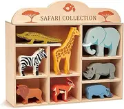 Tender Leaf Toys Safari Animals – 8 Wooden Zoo Figurines with a Display Shelf -Classic Toy for Pretend Play – Develops Social, Creative & Imaginative Skills – Learning Role Play – Ages 3+ Years