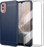 [3 in 1] Case Compatible with NOKIA C32 Cover with 2 Pack Tempered Glass Screen Protector for NOKIA C32, Slim Fit Soft TPU Shockproof Anti-Scratch Phone Case Cover - Navy