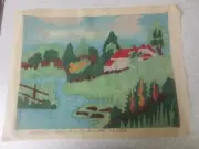 Homecraft Hand Painted Canvas Picture Pond & House VTG