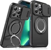 Lumobrilla for iPhone 13 Pro Case with [Slide Camera Cover][360° Rotate Ring Stand][Military-Grade Protective] Heavy Duty Protective Shockproof Cover Phone Case for iPhone 13 Pro-Black
