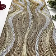 [Enliven] Handmade Bead Table Runner, Wavy Beaded Runner, Silver and Gold, 13x36inch
