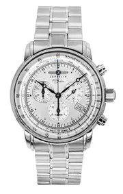 Zeppelin 100 Jahre Chronograph Tachymeter Alarm Quartz 6 Jewels Z7680MB1 Mens Watch Stainless Steel White Dial