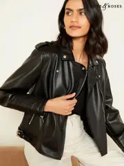 Love & Roses Black Faux Leather Buckle Biker Jacket (AD8037) | $148