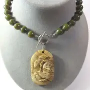 Jade Picture Jasper Stone Pendant 19" Sterling Silver Toggle Clasp Art Necklace