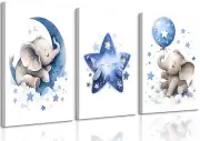 3Pcs Blue Nursery Elephant Canvas Wall Art Baby Boy Wall Decor Cute Animal Pa...