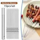 15Pcs/set Stainless Steel BBQ Skewers Flat Kebab Iron Stick Outdoor