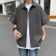 Short Sleeve Pocket Front Plain Oversized Shirt Dark Gray - 3XL