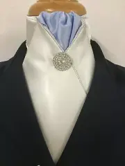 Sale- HHD Ivory Satin Pre Tied Stock Tie Light Blue, Silver Rhinestone Pin