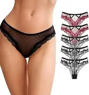 [varsmiss] Women's Lace Thongs T Back Low Rise Underwear See Through Panties Pack of 5