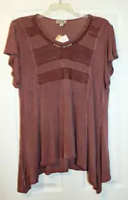 One World Womens XL Heathered Brick Sharkbite Tunic Top / Cap Sleeves NWT