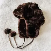 Jaclyn Smith Faux Rabbit Fur Satin Ushanka Trapper Hat w/ Pom Pom Vegan OSFM NWT