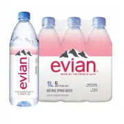 Evian Natural Spring Water, 1 L Bottles, 6 Pack