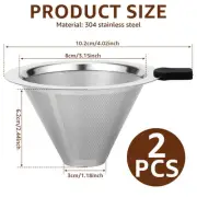2 Pcs Stainless Steel Coffee Filter Fine Mesh Double Layer Cone Strainer beVDq