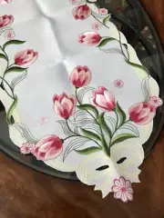 Spring Table Runner Pink Tulip Spring Dresser Scarf Doily Embroidered 70"x 15"