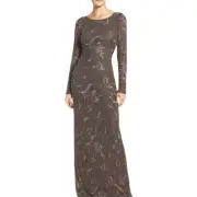 Aidan Mattox Beaded Embroidered Formal Gown Espresso Brown Long Sleeve New 4
