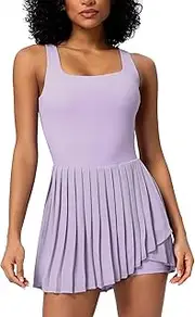 [ABOCIW] Tennis Dress for Women Square Neck Pleated Athletic Dress with Built-in Shorts & Bra Workout Golf Exercise Dress, Purple, Medium