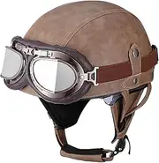Retro Motorcycle Helmet, Helmets with UV Visor Glasses Motorcycle Helmet Vintage Style Leather Half Helmet ECE/DOT Approved for Scooter Bike Cruiser Chopper Moped E,L=59-60CM