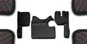 BLACK ECO LEATHER FLOOR MATS FOR RHD TRUCK VOLVO FH13 2010-2012 MANUAL RED STITC