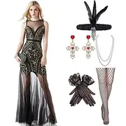 Retro Vintage Roaring 20s 1920s Long Length Flapper Dress Cocktail Dress Flapper Headband Sleeveless Wedding Guest Sequins Sequin Round Neck Women's Carnival V
