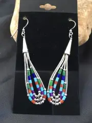 Turquoise & Coral 3 Strands Heishi Liquid Sterling Silver Dangle Earrings 2009