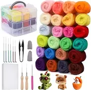 Needle Felting Kit, 24 Colors Wool Roving for Felting, Complete Needle Felting Starter Kit with Basic Felt Tools and Supplies Wool Fibre Hand Spinning Craft Wet Felting Material for Beginners 5g/Color