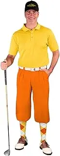 [Golf Knickers] Mens Outfit - Orange Microfiber, Limited Edition Ball Cap, Over-The-Calf Argyle Socks, Yellow Golf Shirt