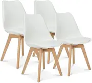 Modern Dining Chair, Lounge Chair, Office Chair, Plastic Shell Chair, Eames Style Chair with Wood Legs and Plastic Seat, for Living Room, Bedroom, Kitchen, Dining Side Chairs, Set of 4 (White)