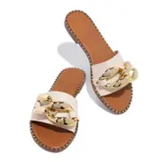 Catzon Womens Flat Heels Open Toe Backless Slippers Metallic Chains Summer Sandals-Beige
