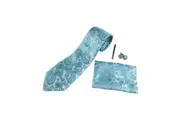 Mens Turquoise & Silver Boho Paisley Matching Neck Tie, Pocket Square, Cuff Links And Tie Clip Set
