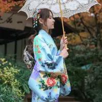 在飛比找蝦皮購物優惠-12日本和服女藍色櫻花改良版和服套不易皺布料