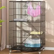 Folding Metal Wire Cat Cage 3-Tier Collapsible Cat Crate with Casters Hammock Bed Ladder, Small Animal Cages, Pet Enclosure Home for Chinchillas Ferrets Kittens,Black