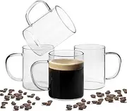 [ComSaf] 400ml Glass Coffee Mugs Set of 4, Clear Glass Coffee Cup with Big Handle, Large Borosilicate Glass Mug for Tea Milk or Hot Cold Beverages, Crystal Drinking Glass for Birthday