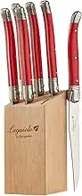Laguiole By FlyingColors Steak Knife Set, Micro Serrated Blade, Stainless Steel, Wood Block, Red Color Handle, 6 Pieces (Red)