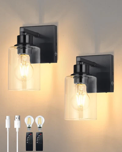 Black Battery Operated Wall Sconce Set of 2, Dimmable Wireless Sconces with R...
