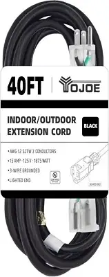 Versatile 40ft Black Extension Cord with Lighted End for Indoor and Outdoor Use
