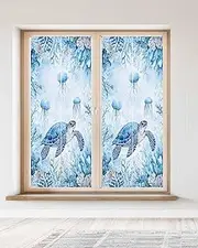 Summer Coastal Blue Window Privacy Film Stained Glass Window Film Decorative Window Cover Static Window Cling for Glass Door Ocean Sea Turtle Coral Window Stickers for Bathroom 23.6"x59"