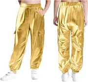 [Sinleey] Kids Metallic Stretchy Jogger Pants Shiny Holographic Trousers Girls Sparkly Jazz Hiphop Dance Cargo Pants