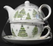Grace Teaware Tea For One Winter Pine Trees Green & Gold NEW
