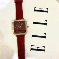 在飛比找蝦皮購物優惠-【ELLE 】法國時尚 典雅方形鑲鑽紅皮革女錶-ELL250