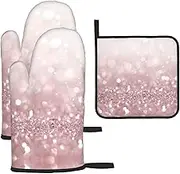 Pink Glitter Print Heat Resistant BBQ Gloves Oven Mitts and Pot Holders Set for Kitchen Baking Set