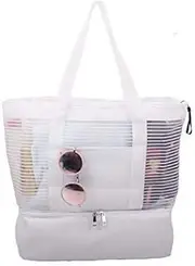 [foci cozi] Large Mesh Beach Tote Bag with Zipper and Insulated Picnic Cooler Leak-proof for Beach Pool Outdoor Trave Gym, White, One_Size