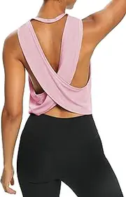 [Bestisun] Womens Open Back Workout Tops Cropped Loose Fit Ribbed Yoga Tank Tops Backless Athletic Shirt